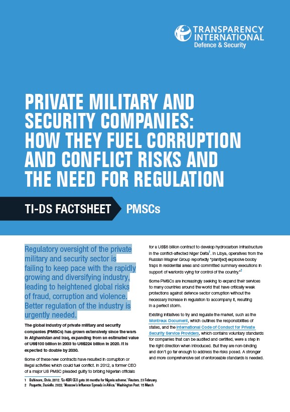 PDF cover of Private Military and Security Companies: How they fuel corruption and conflict risks and the need for regulation