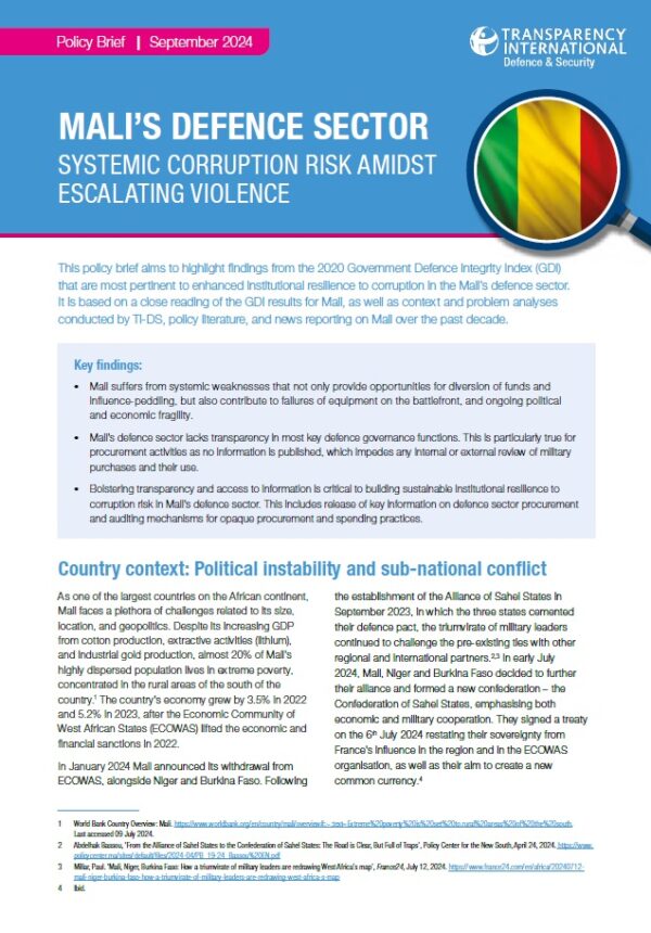 PDF cover of Mali’s defence sector: Systemic corruption risk amidst escalating violence