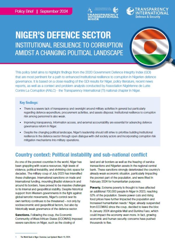 PDF cover of Niger’s defence sector: Institutional resilience to corruption amidst a changing political landscape