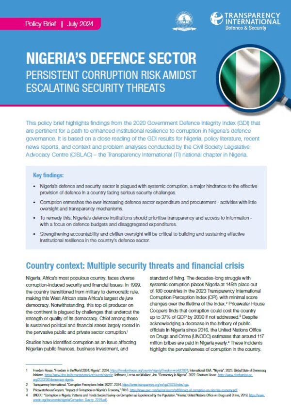 PDF cover of Nigeria’s defence sector: Persistent corruption risk amidst escalating security threats