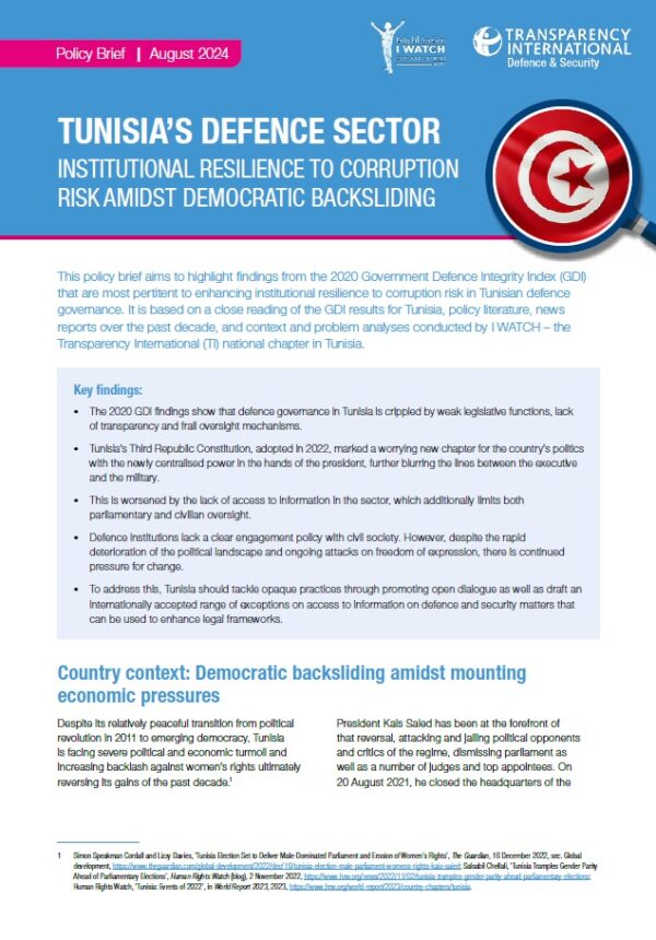 PDF cover of Tunisia’s defence sector: Institutional resilience to corruption risk amidst democratic backsliding