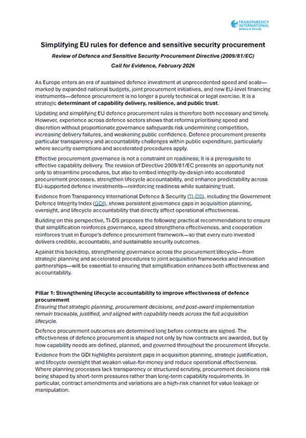 PDF cover of Simplifying EU rules for defence and sensitive security procurement: TI-DS submission to the review of the Defence and Sensitive Security Procurement Directive (2009/81/EC)
